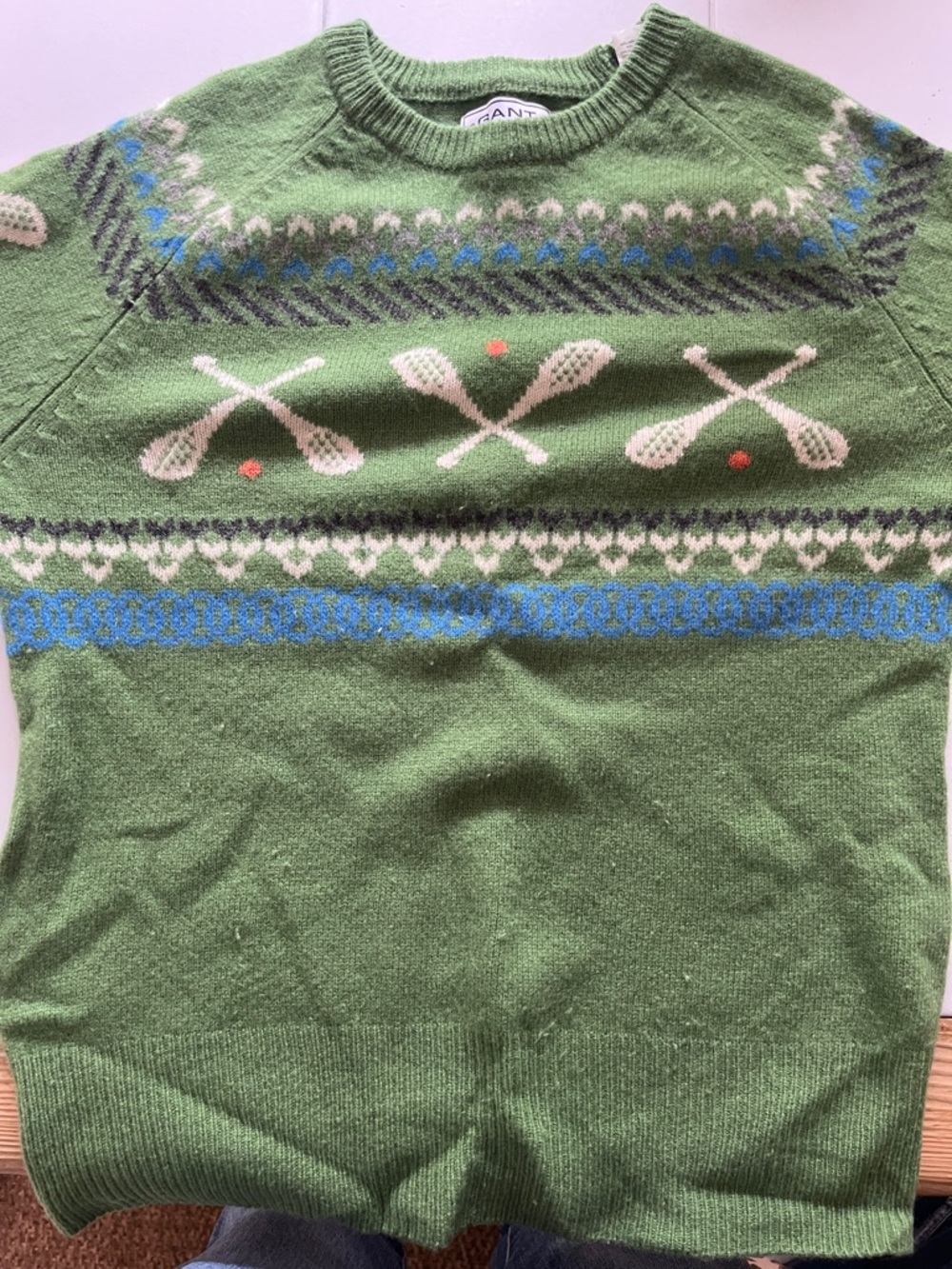 Gant Green Crewneck Fair Isle Paddle Sweater with Blue Accents